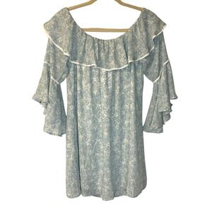 June & Hudson Floral Mini‎ Dress Ruffle Bell Sleeve Off Shoulder Blue M